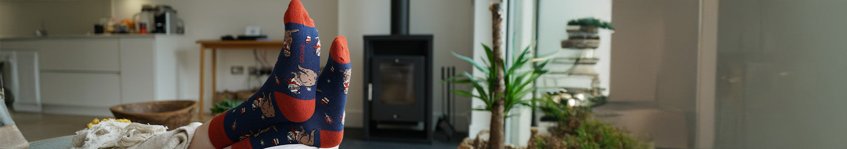 Person wearing festive socks with otter design 
