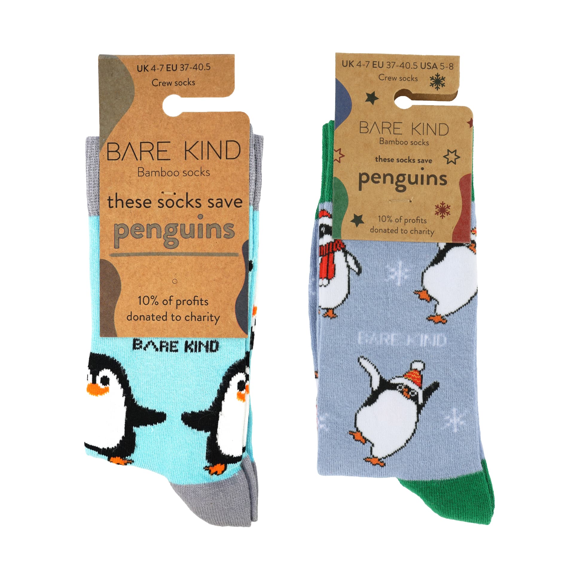 packaging flat lays of penguin and christmas penguin bamboo socks