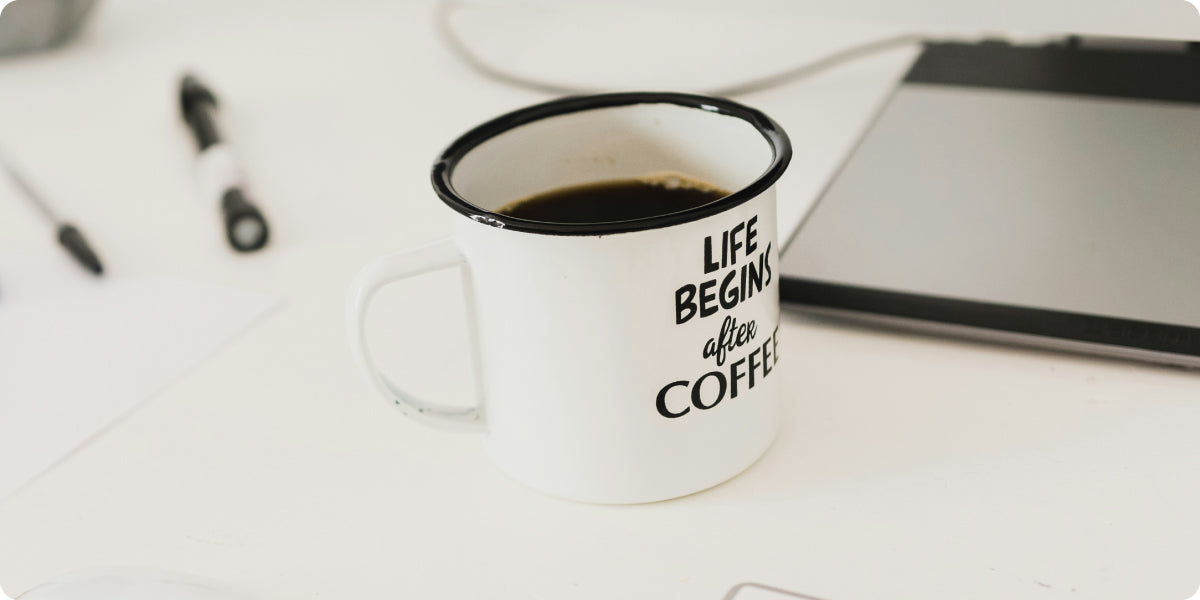 personalized mug which says "Life begins after coffee"