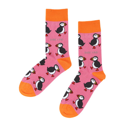 flat lay of pink puffin bamboo socks