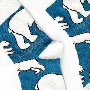 closeup of blue bamboo kids socks in polar bear design