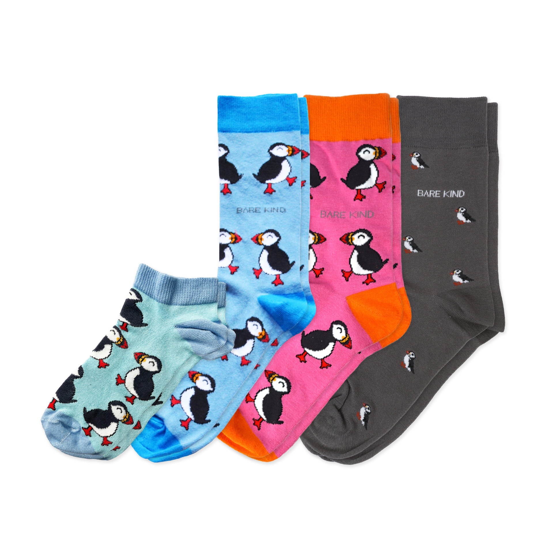 flat lays of blue, pink and grey small motif puffin bamboo socks