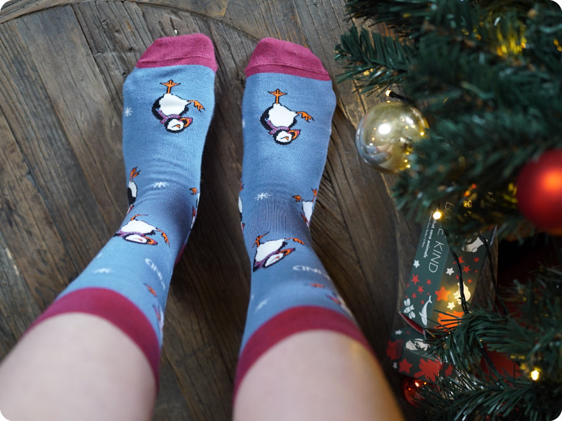 model wearing blue Christmas puffin bamboo socks