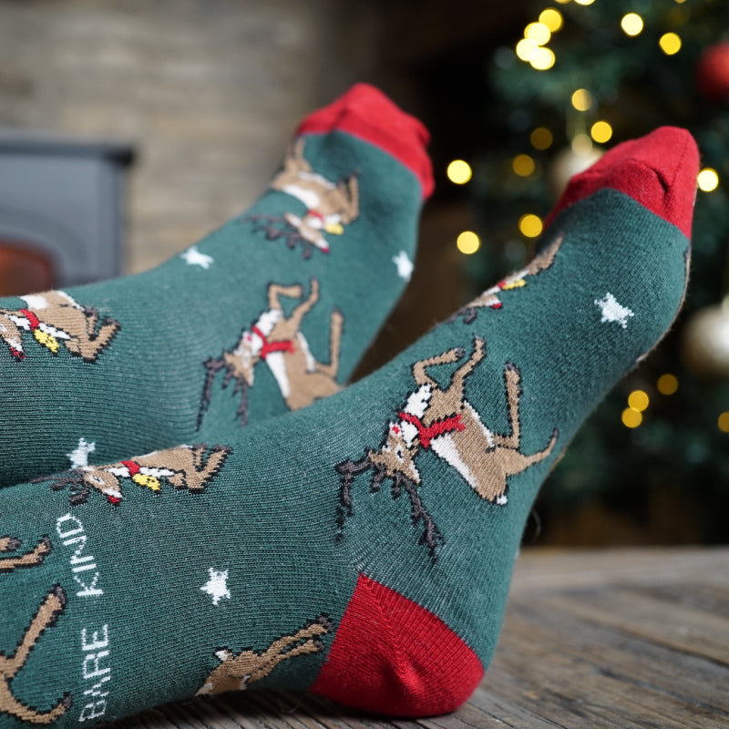 model wearing reindeer bamboo socks