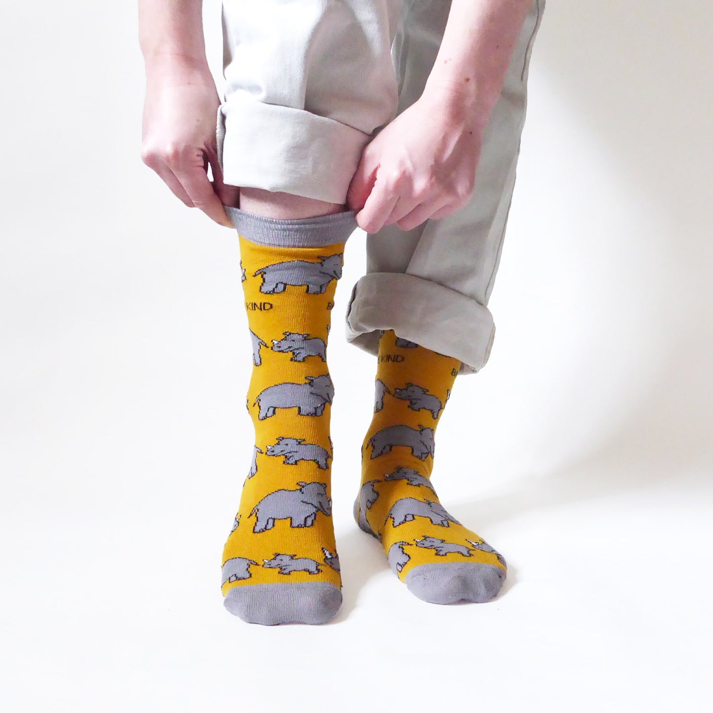 model wearing yellow rhino bamboo socks