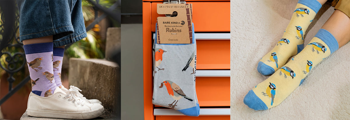 Three-panel collage showing a pair of socks with a bird print. Left panel shows the socks worn with blue jeans and white sneakers outdoors.