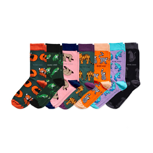 flat lays of green red panda, green tree frog, pink sloth, green tiger, orange lemur, purple frog, and black panther bamboo socks