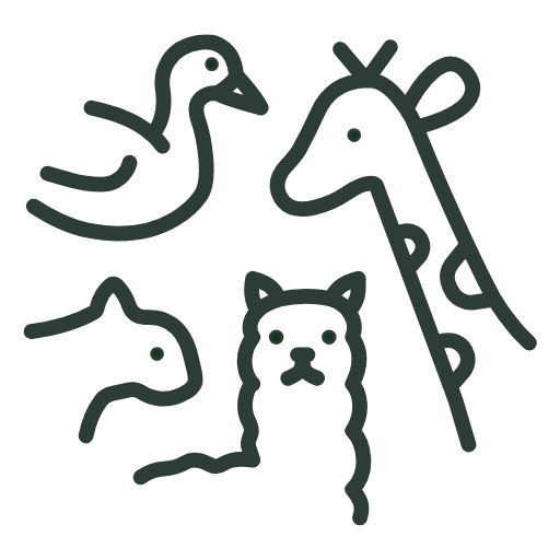 Black line art of a giraffe, cat, horse, and duck on a white background
