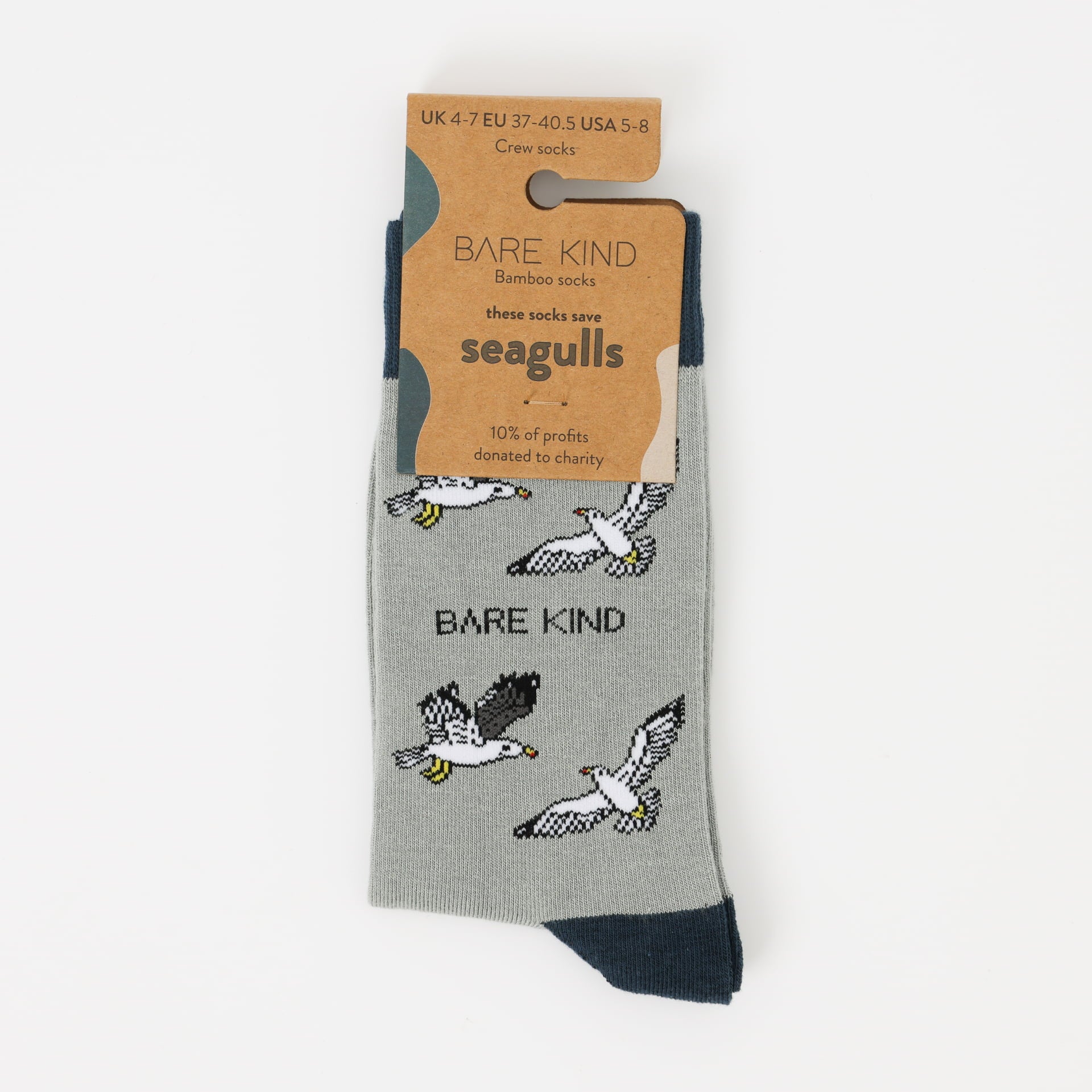 packaging flat lay of blue grey seagull bamboo socks