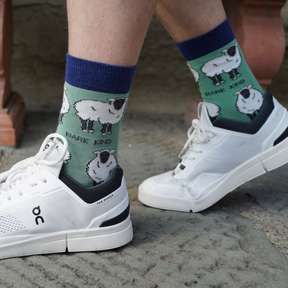 model wearing sheep bamboo socks