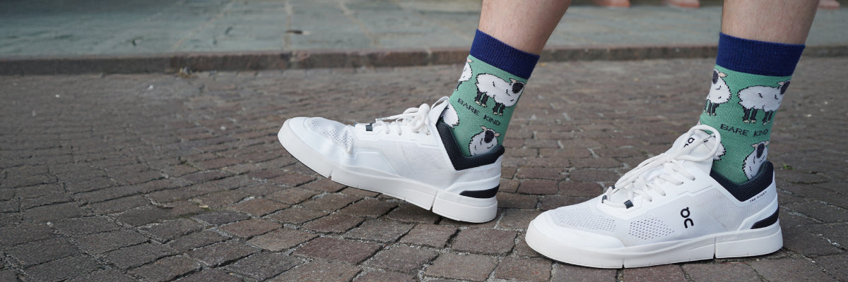 Model wearing sheep bamboo socks