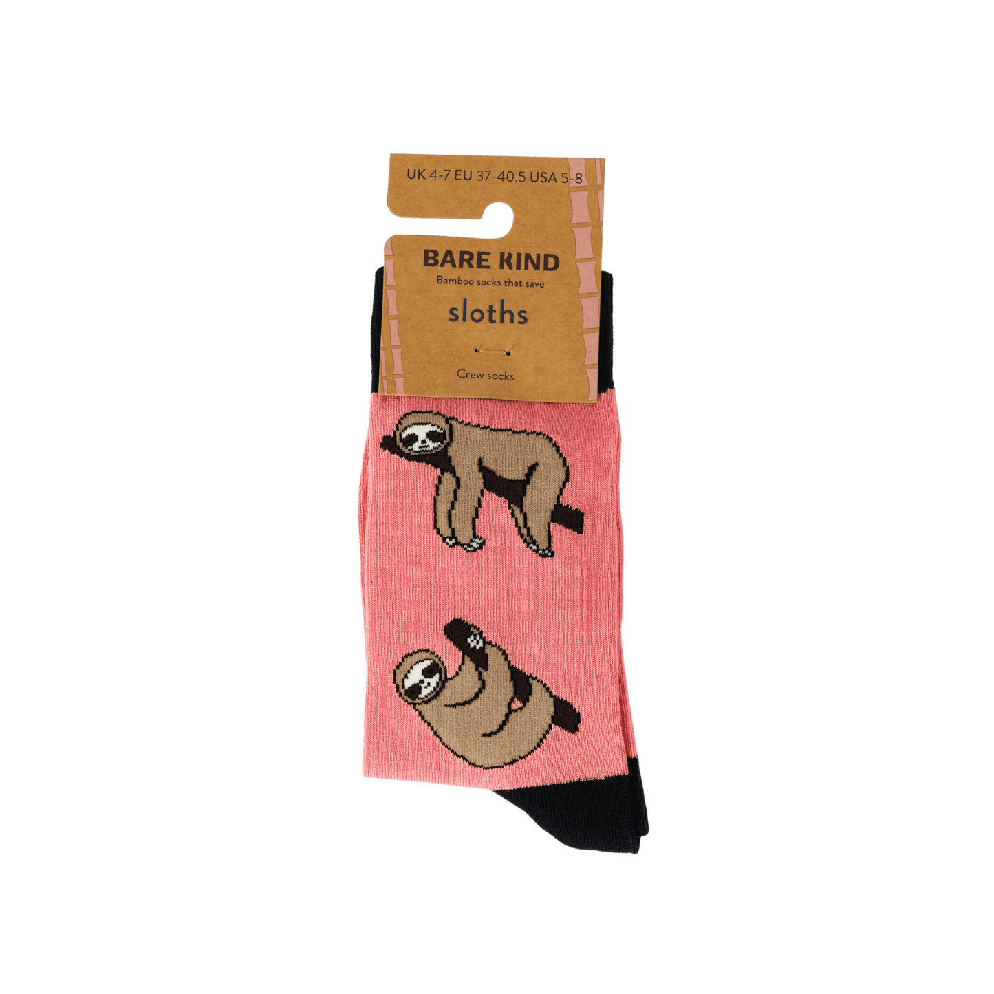 Pink socks with sloth design and 'Bare Kind' packaging on a white background