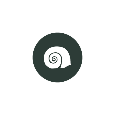 Logo with a white spiral design on a dark green circle against a white background