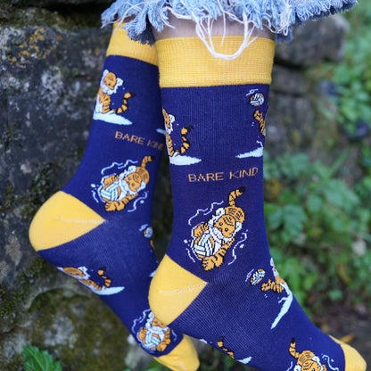 model wearing blue yellow sport tiger bamboo socks