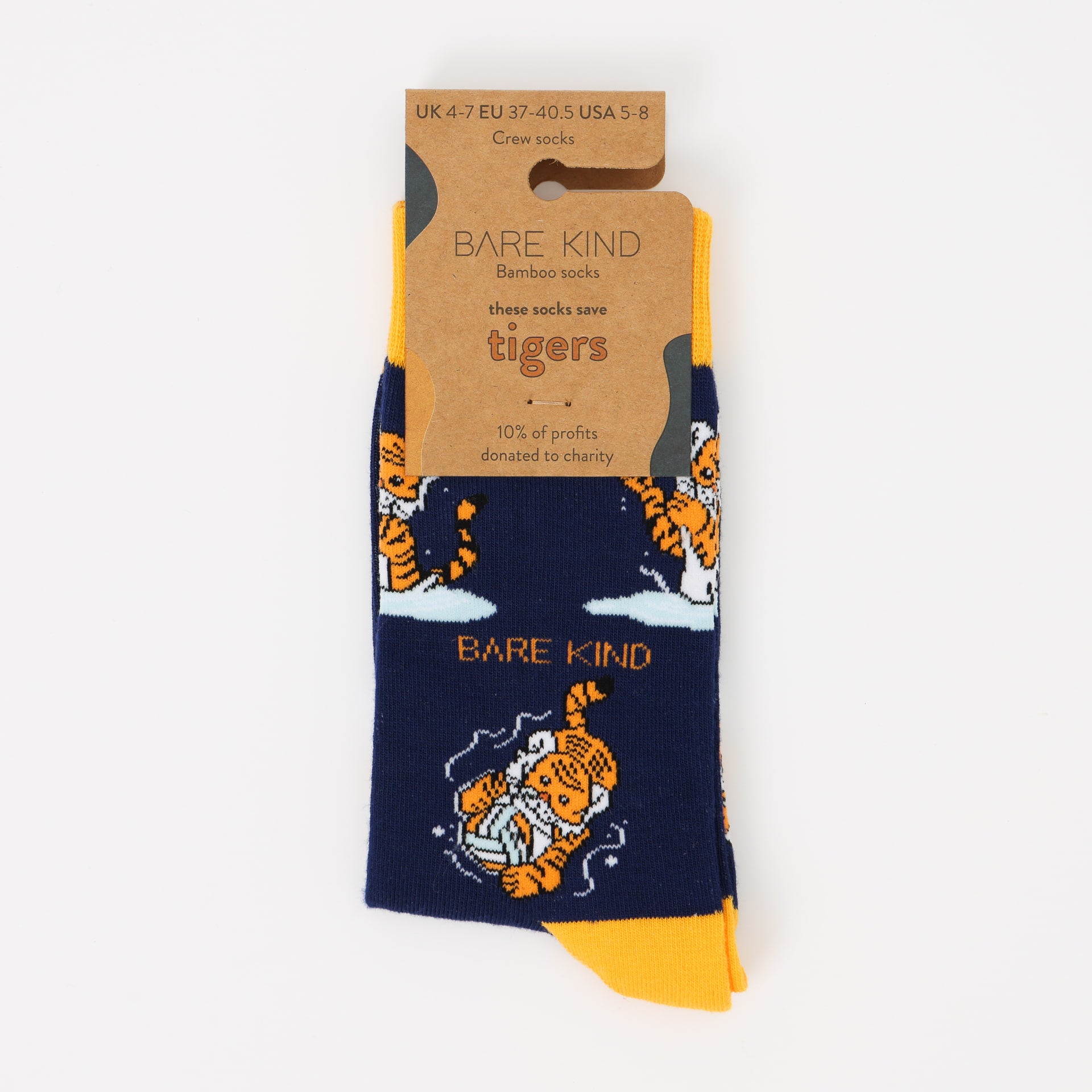 packaging flat lay of blue yellow sport tiger bamboo socks