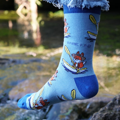 model wearing blue sport fox bamboo socks