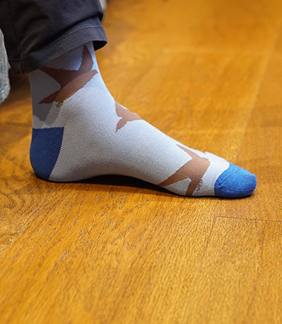 Blue socks with brown swift pattern on a wooden floor