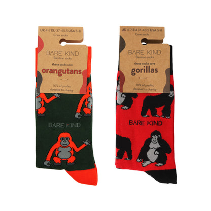 packaging flat lays of green orange orangutan bamboo socks and red black gorilla bamboo socks