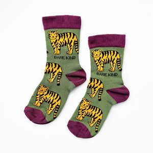 kids tiger socks made from bamboo with purple cuffs