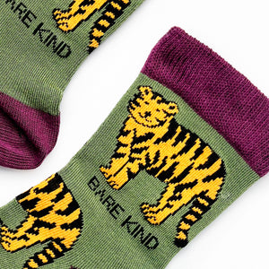 purple cuff closeup of green tiger bamboo socks for kids