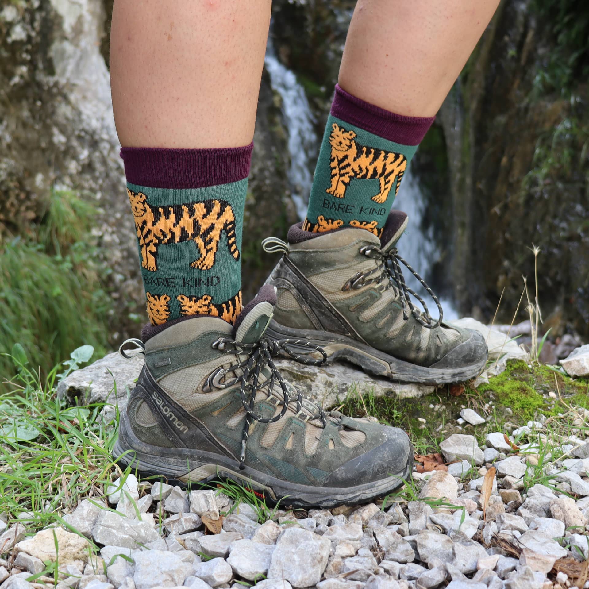 model wearing tiger bamboo socks