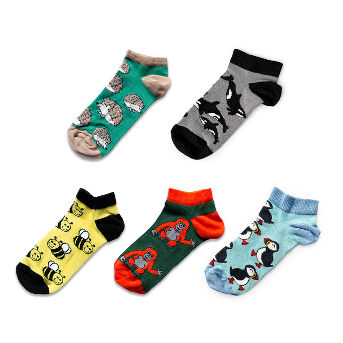 Colourful collection of 5 bamboo trainer socks that save the animals