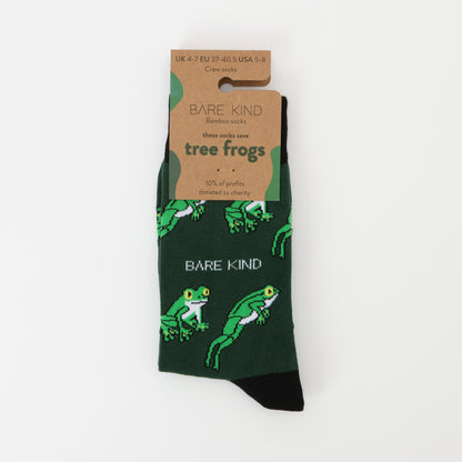 Flat lay of tree frog bamboo socks packaging