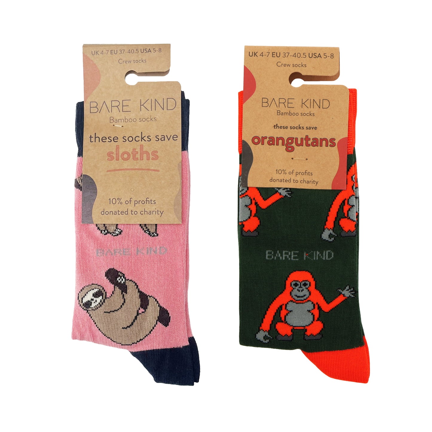 packaging flat lays of pink sloth and green orangutan bamboo socks