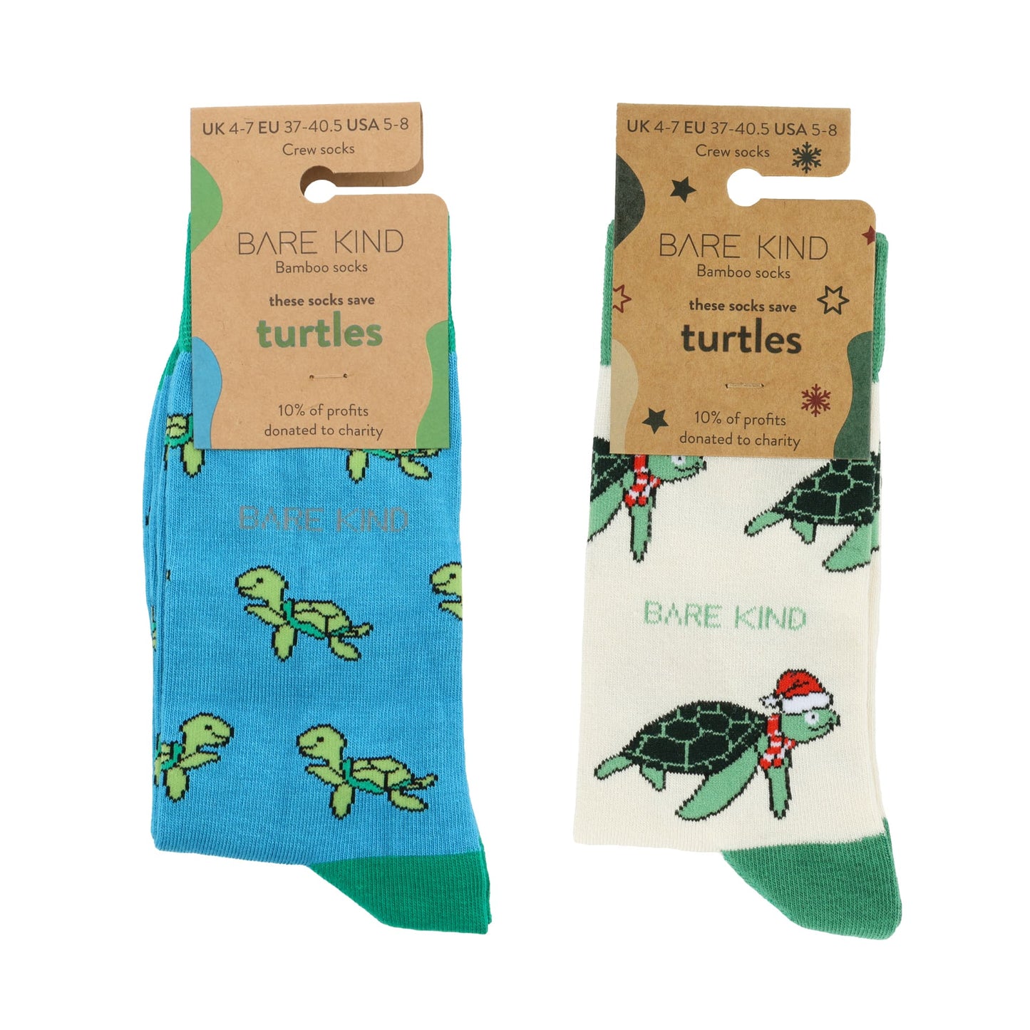 packaging flat lays of blue turtle and christmas turtle bamboo socks