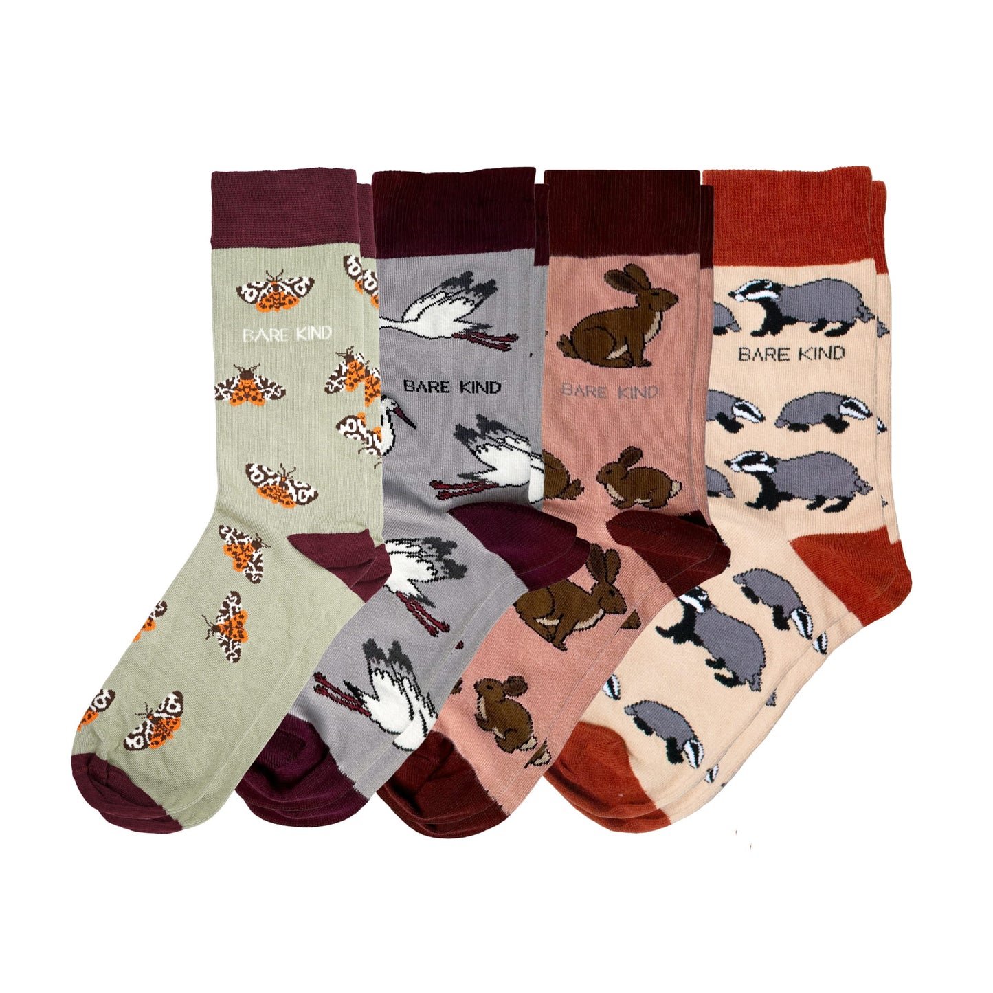 flat lays of tiger moth, stork, hare and badger bamboo socks