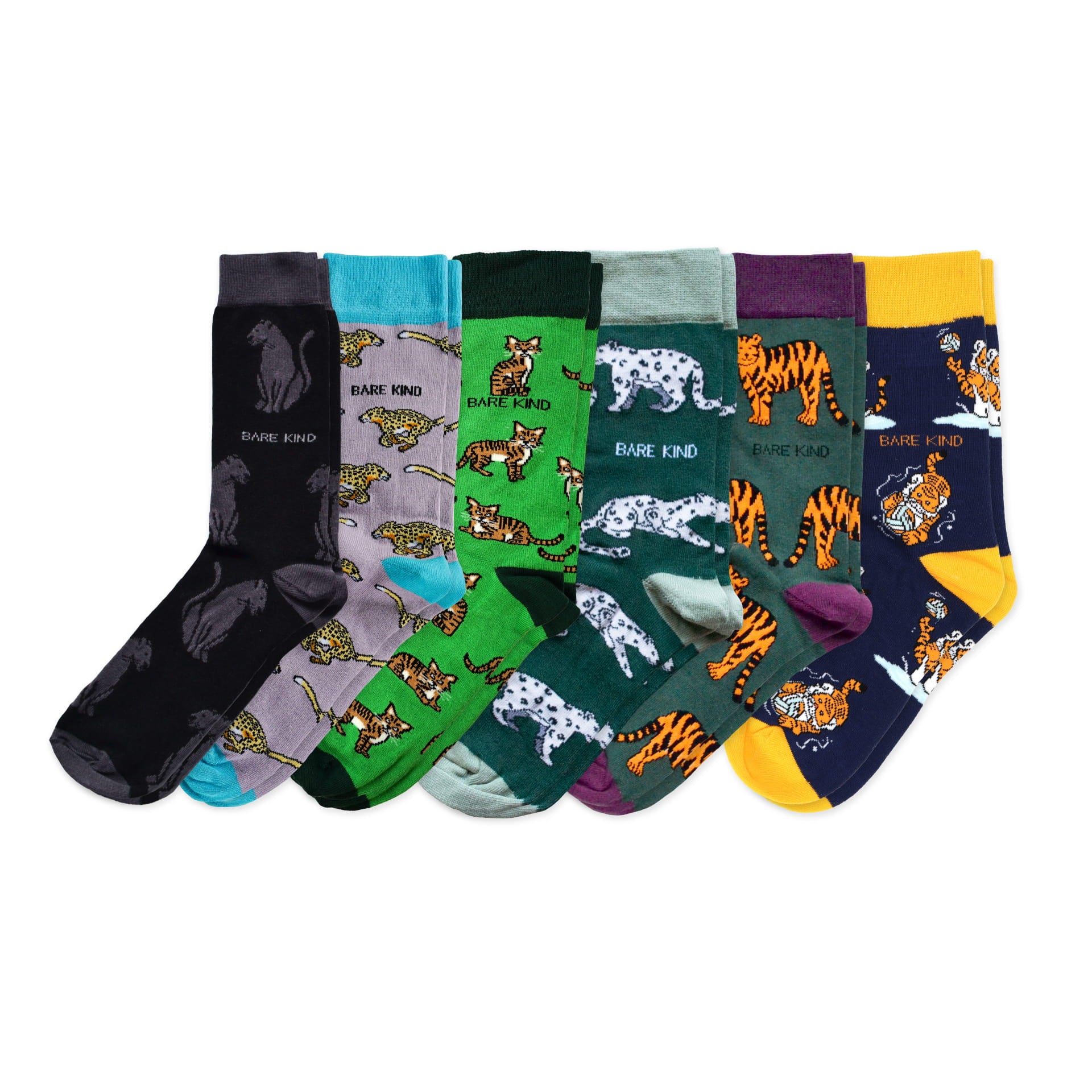 flat lays of panther, wildcat, cheetah, snow leopard, tiger and sport tiger bamboo socks