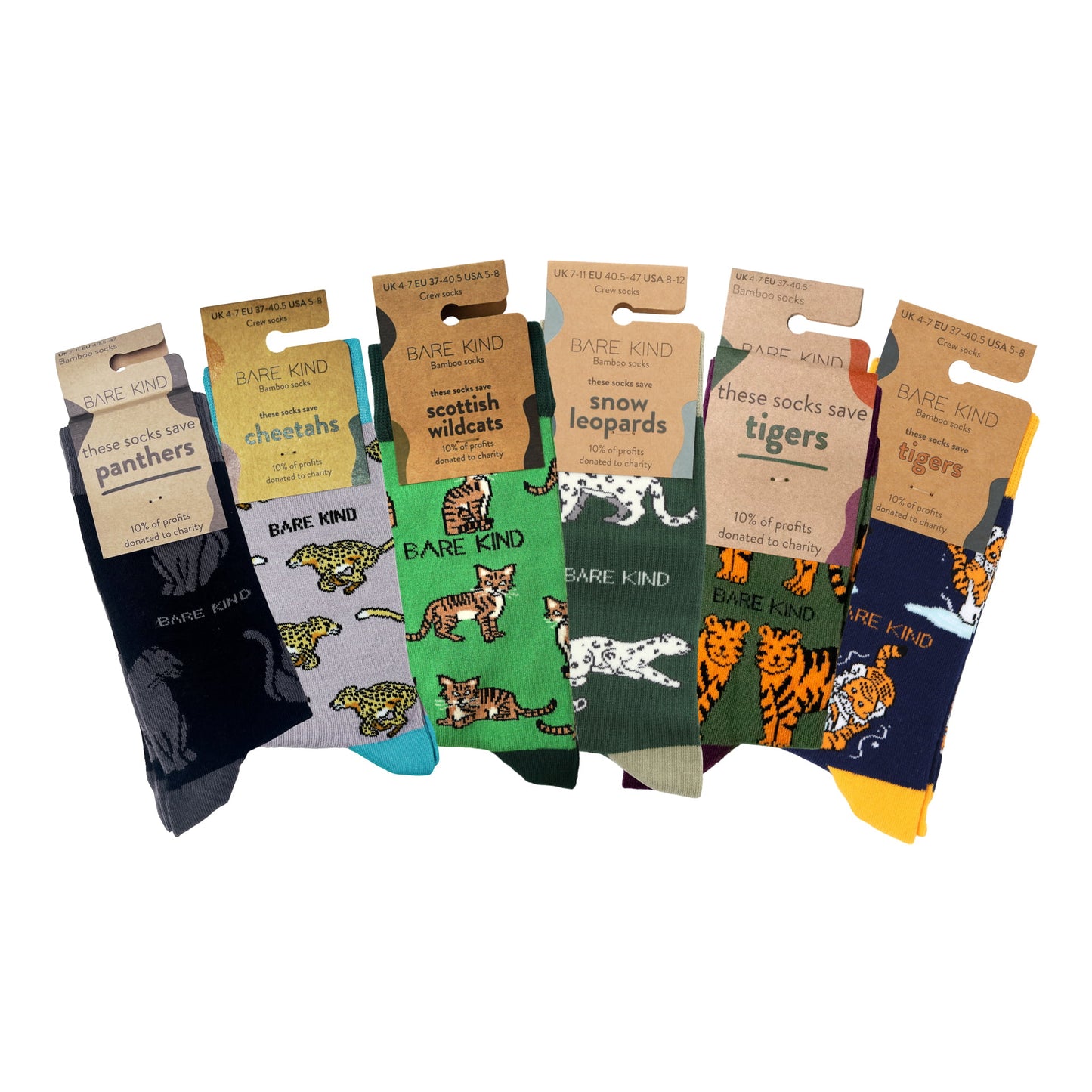 packaging flat lays of panther, wildcat, cheetah, snow leopard, tiger and sport tiger bamboo socks