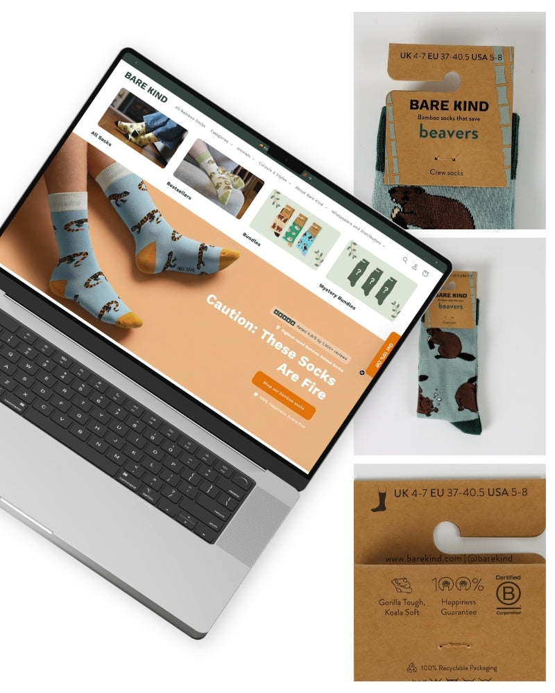 Laptop displaying a Bare Kind sock brand website with packaging and socks shown.
