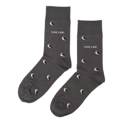 Flat lay of Bare Kind bamboo socks, featuring small motifs of puffins