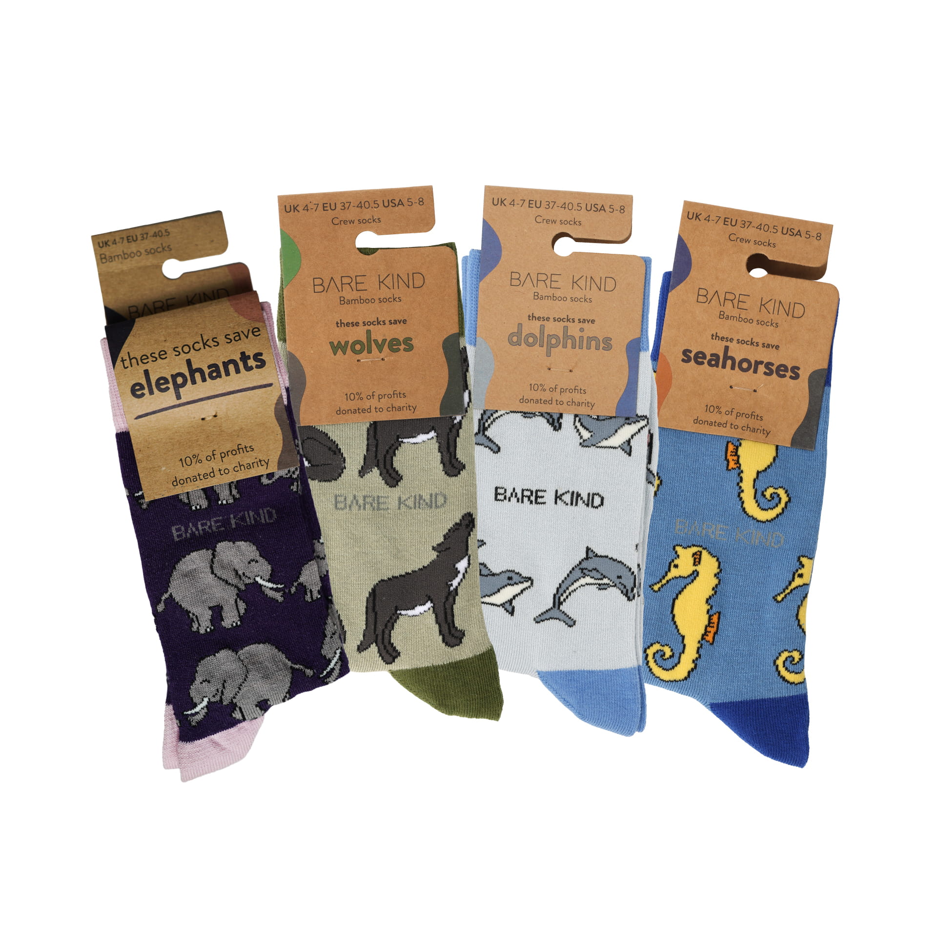 packaging flat lays of purple elephant, green wolf, blue dolphin, blue seahorse bamboo socks