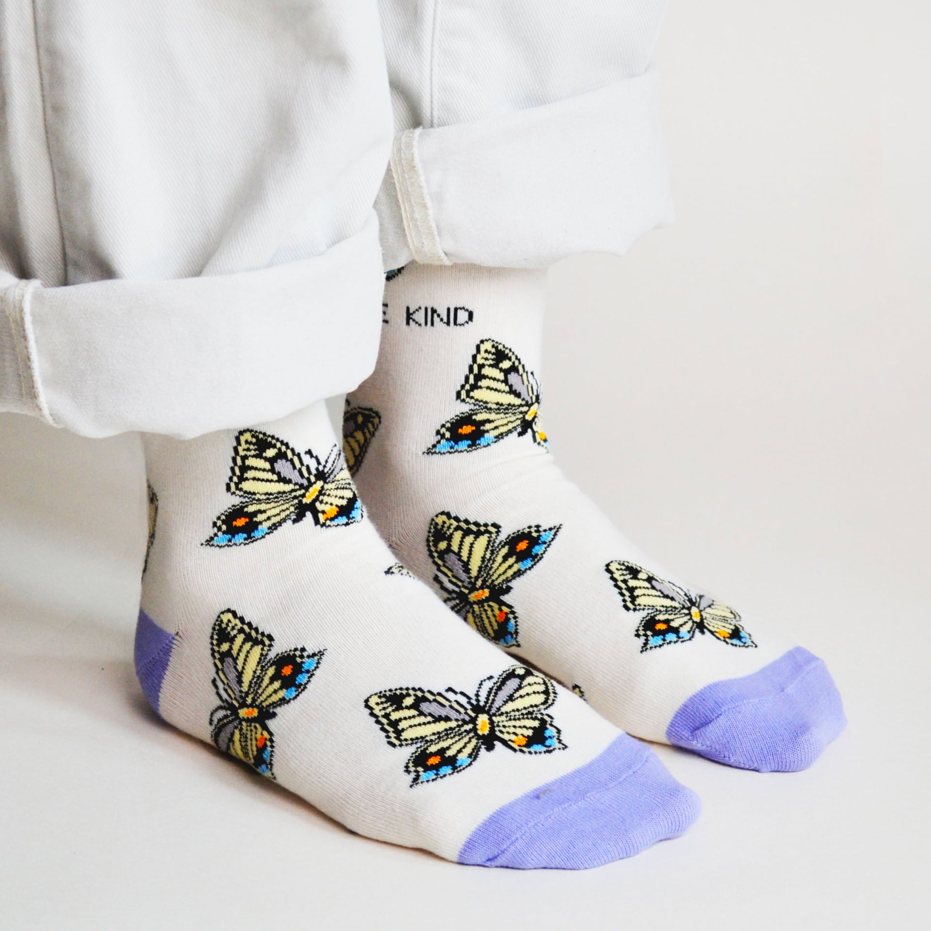 model wearing butterfly bamboo socks