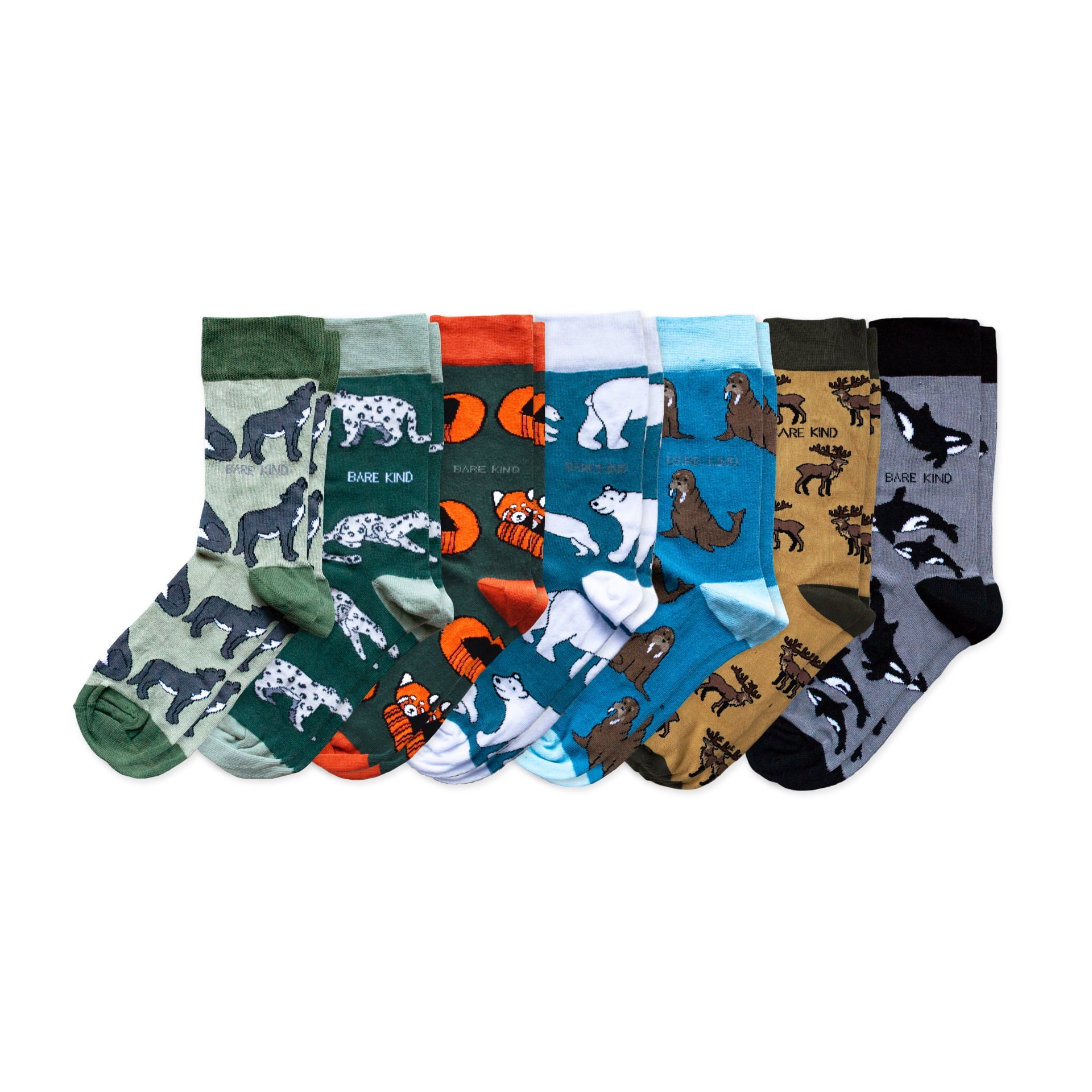 flat lays of wolf, snow leopard, red panda, polar bear, walrus, deer, orca bamboo socks