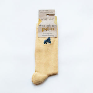 ribbed yellow bamboo socks featuring a gorilla motif