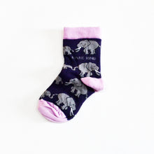 single flat lay of a purple and pink elephant bamboo sock for kids