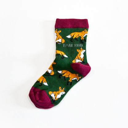 single sock flat lay of dark green fox socks for kids