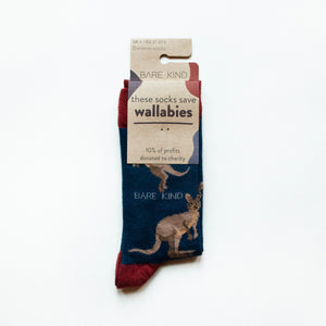 folded flat lay of wallaby bamboo socks in 100% recyclable cardboard packaging