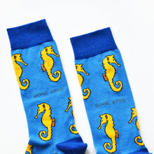 cuff closeup flat lay of blue seahorse bamboo socks