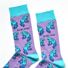 cuff closeup flat lay of lilac and blue frog bamboo socks