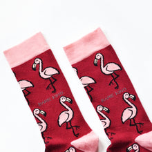 cuff closeup flat lay of hot pink flamingo socks 