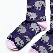 toe closeup flat lay of purple and pink elephant bamboo socks