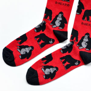 toe closeup flat lay of red and black gorilla bamboo socks