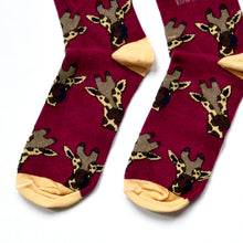 toe closeup flat lay of burgundy bamboo socks in giraffe print