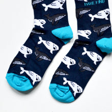 toe closeup of bamboo blue whale socks