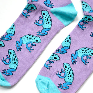 toe closeup flat lay of lilac and blue frog bamboo socks