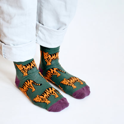 standing model wearing bamboo tiger socks